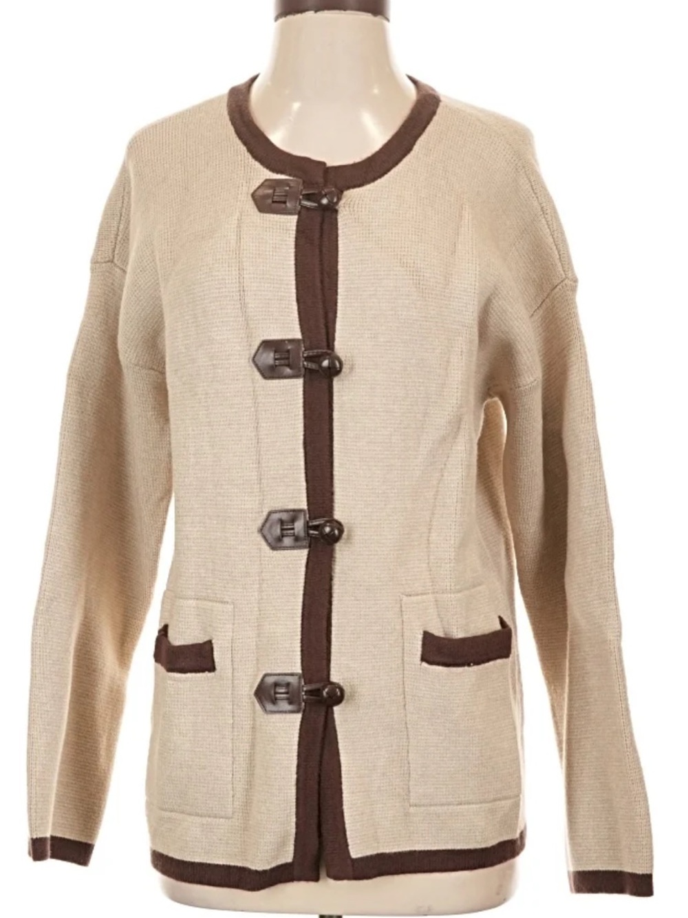 Tahari Beige and Brown Trim Toggle Cardigan Jacket Size Medium